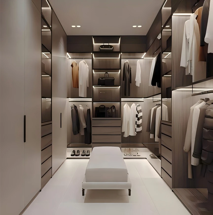 Architectural walk-in closet design highlighting modular shelving, soft-close drawer banks, and structural aluminum framework engineered by George Homes.