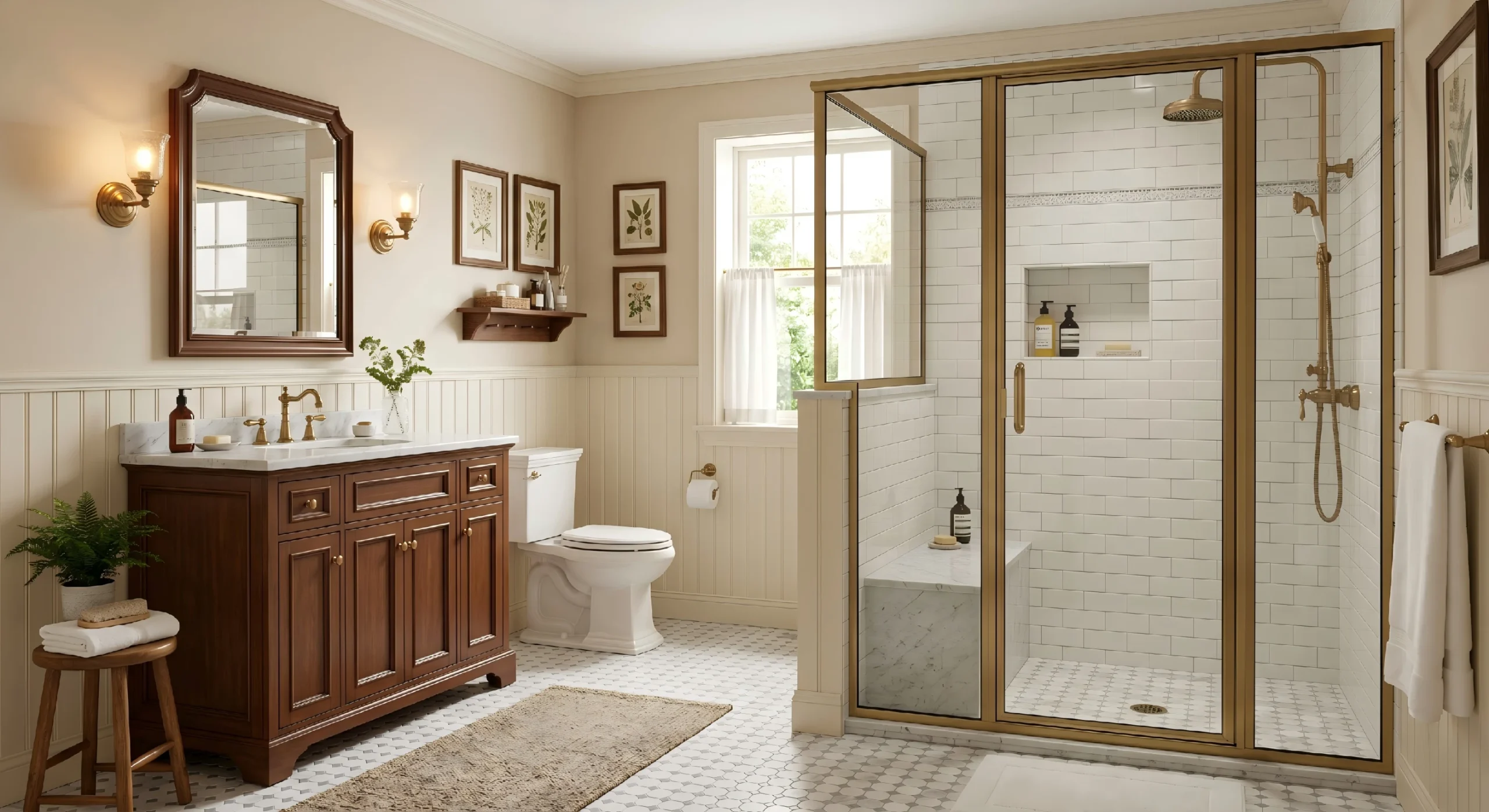 High-end brushed brass framed hinged shower door in a classic luxury residential bathroom setting.