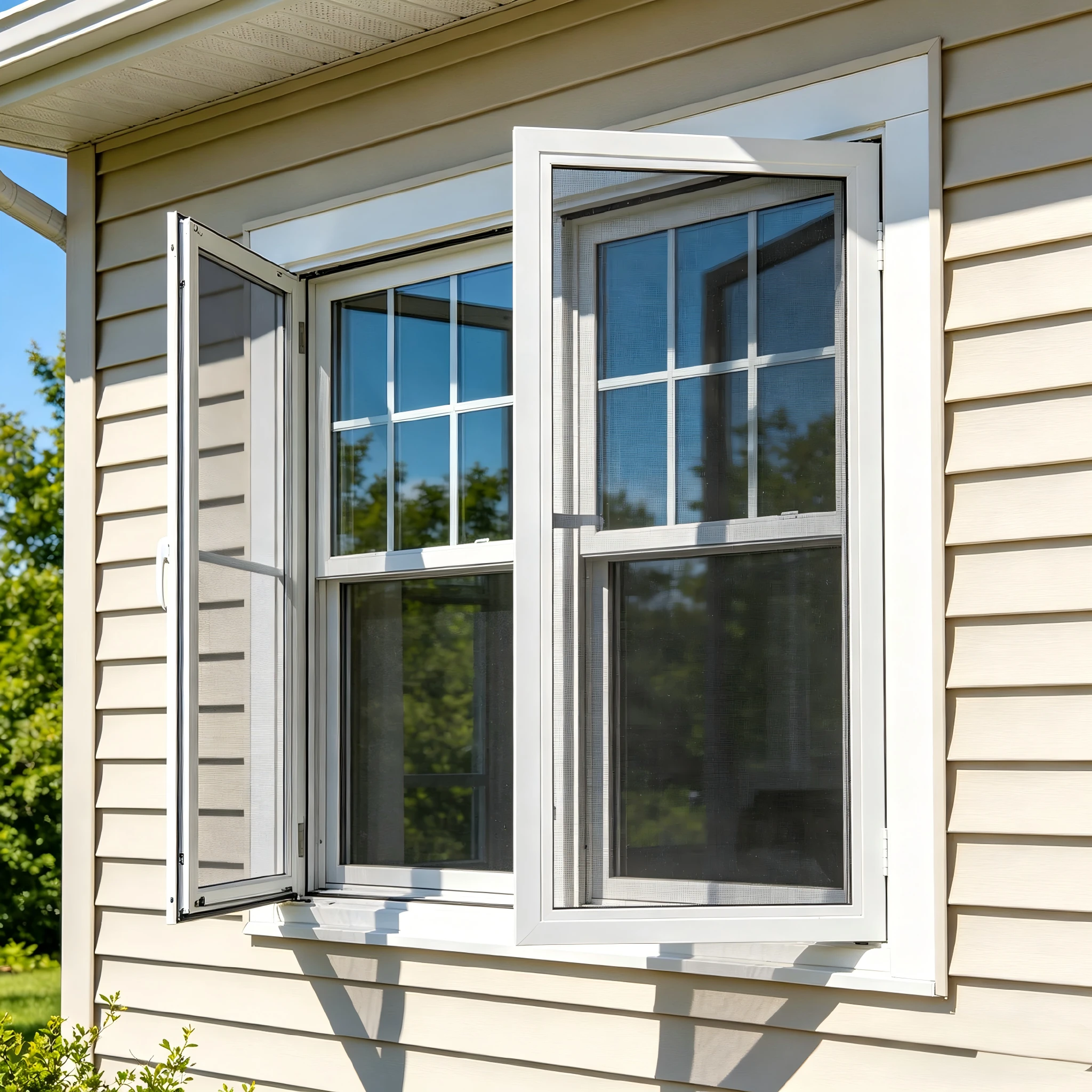 Exterior white aluminum casement window with screens on beige siding. Left pane is open, showing integrated fly screen.