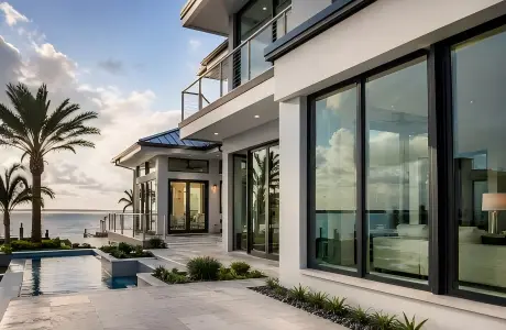 Modern coastal luxury villa with large dark-framed Florida impact rated windows facing a waterfront view