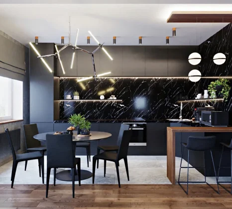 Bespoke dark kitchen design featuring a sleek wooden breakfast bar, dining area, and striking modern pendant lighting.